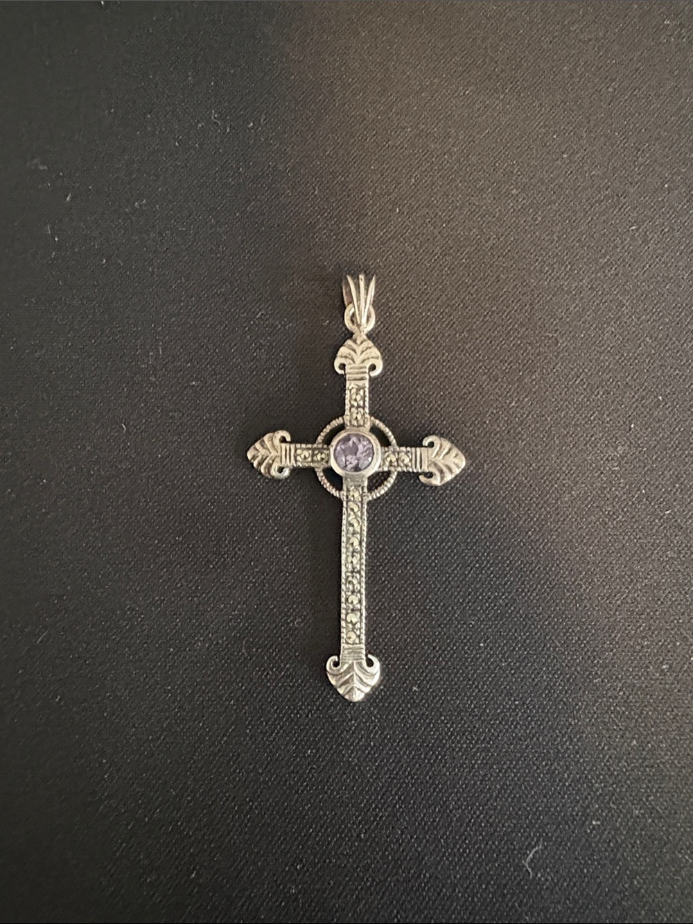 Sterling Silver Cross Pendant with Purple Accent - Women Jewelry. 925 marked,